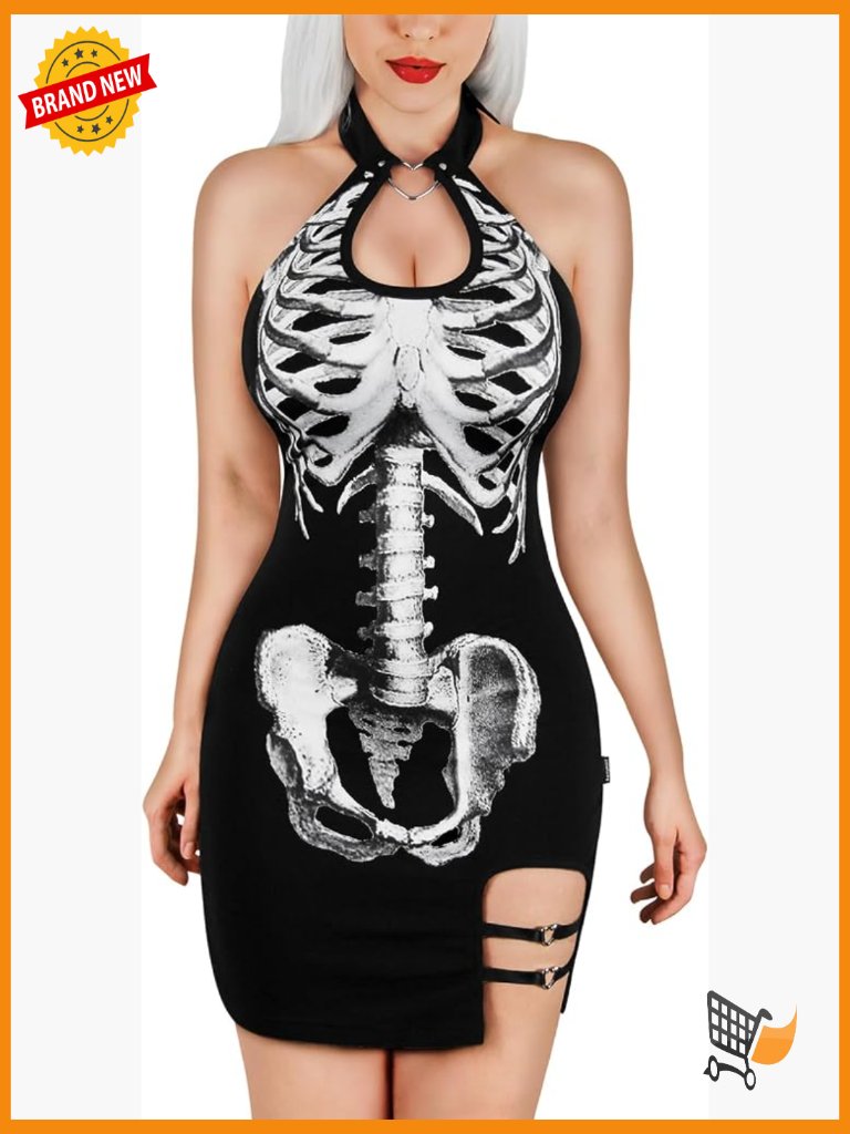 Bodycon Mini Dress With Halter Neck And Skull Print